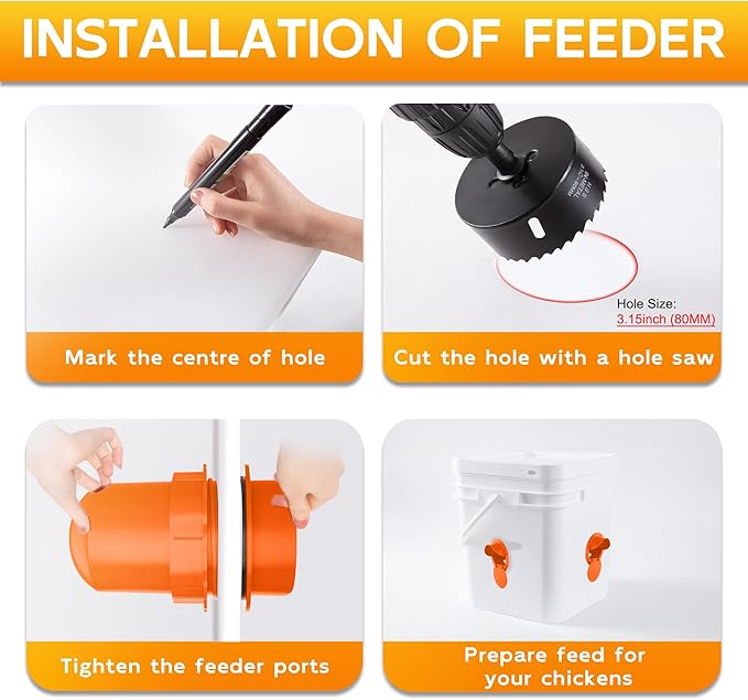 Chicken Feeder Port 8 Pack Poultry No Waste Port Kit with Stopper Lid, 1 Hole Saw, DIY Automatic Reusable Coop Feeder, Rain Proof Gravity Feeding Geese Duck Hens Rooster for Bucket Barrel Bin (Orange)