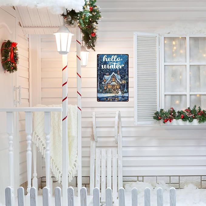 Hello Winter Sign Aluminum Metal Sign Funny Tin Sign for Home Farmhouse Bar Cafe 12×8 Inch