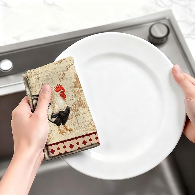 Chicken & Rooster Kitchen Towels Retro Farmhouse Dish Towels Set of 4, Absorbent Vintage Rustic Hand & Tea Towel, Rooster Kitchen Decor, Chicken Gifts for Women