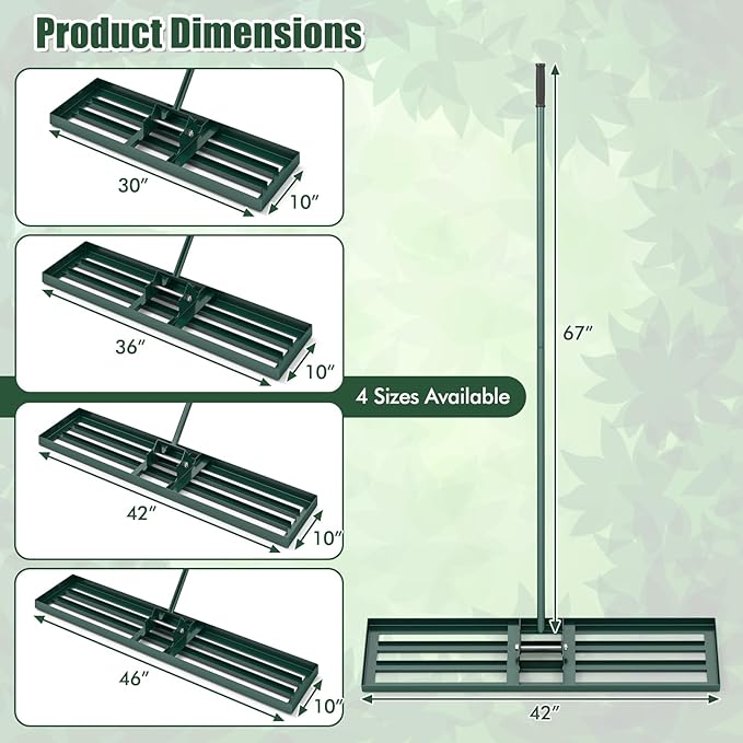 Happygrill Lawn Leveling Rake, Heavy Duty Lawn Level Tool for Soil w/67” Handle, Dirt Ground Leveler, Effort-Saving Landscape Rake for Garden, Backyard, Golf Course, Farm, Pasture (42" x 10", Green)