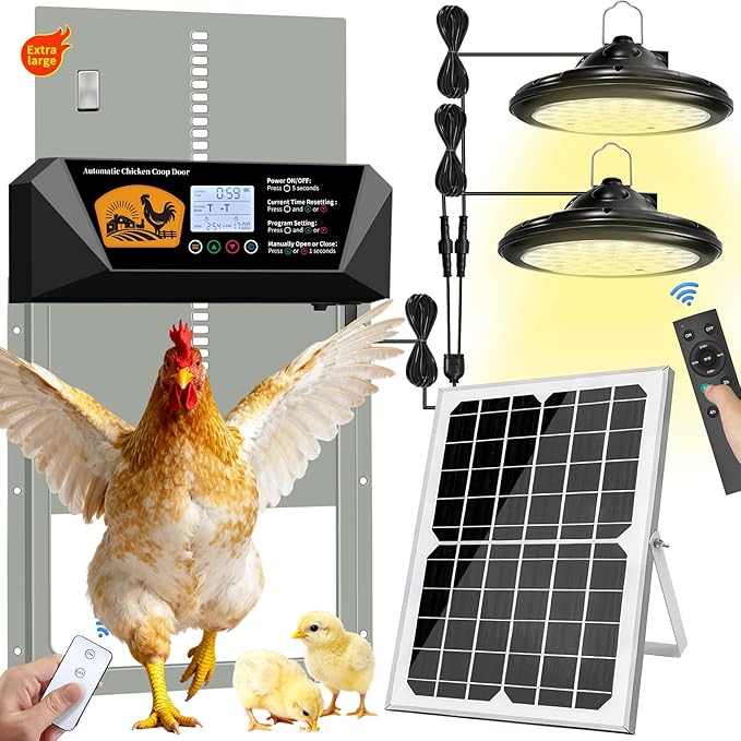 Extra Large Automatic Chicken Coop Door Solar Powered with 2 Timer Lights, 16'' x 12'' Aluminum Auto Chicken Coop Door with Timer, Remote, Anti-Pinch, Weatherproof for Chickens, Ducks