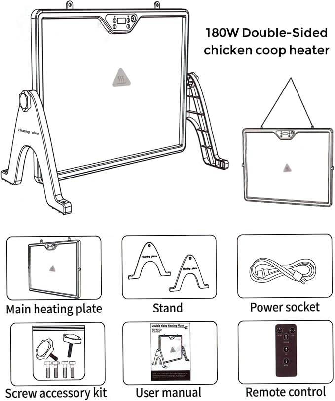 Smart Chicken Coop Heater with Thermostat, 180W Radiant Heat Panel, Adjustable Temp (86-167℉), Remote Control, Dual Sided Heating, Support Timer and Lighting, Coop Heater for Winter