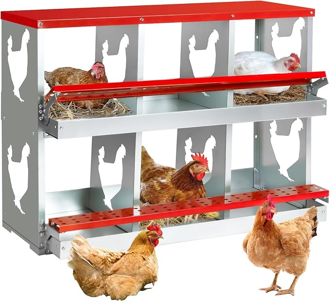 6 Hole Chicken Nesting Box,Roll Away Nesting Boxes for Laying Eggs with Large Vented Holes,Wall-Mountable Chicken Coop Nesting Boxes,Metal Laying Boxes for Hens,Ducks(Red)