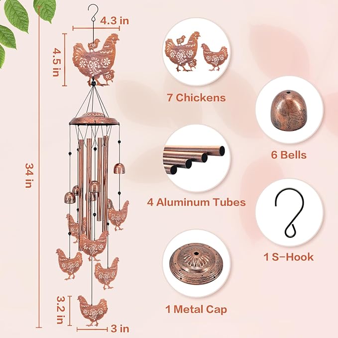 Chicken Wind Chimes Outdoor Chicken Gifts for Women Men Mom Gardening Birthday Gifts Metal Memorial WindChimes for Outside/Indoors, Lawn, Patio, Yard Art, Garden Decor, Yard Decorations