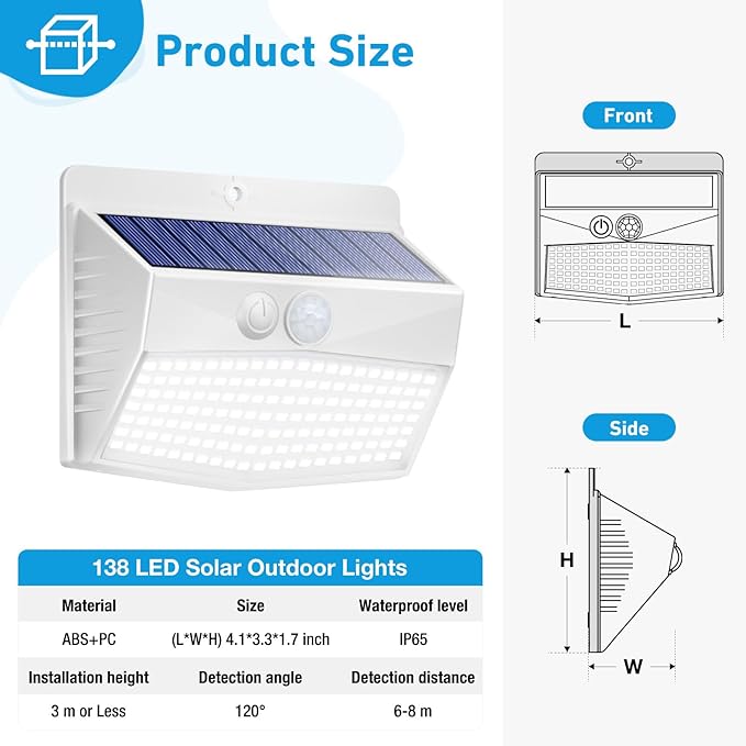 Peasur Solar Lights Outdoor Motion Sensor [138 LED/6 Packs] Solar Security Wall Light with 3 Lighting Modes Waterproof Solar Powered Lights for Garden Fence Yard, White