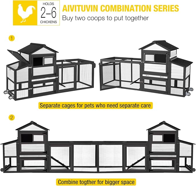 Aivituvin Mobile Chicken Coop with Wheels for 4-6 Chickens, Backyard Expandable Chicken House Duck Cage with Run, 2 Nesting Boxes, Easy Clean Pull-Out Tray, Leak-Resistant Asphalt Roof, 82.4"(Black)
