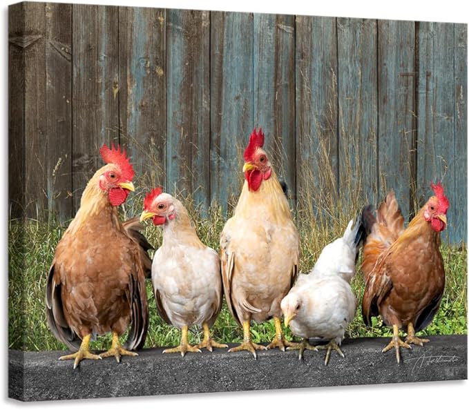 Woxfcart Kitchen Chicken Decor Wall Art, Farmhouse Rustic Barn Animal Canvas Pictures with Wood Background for Bathroom Bedroom, 15 x 12 Inch