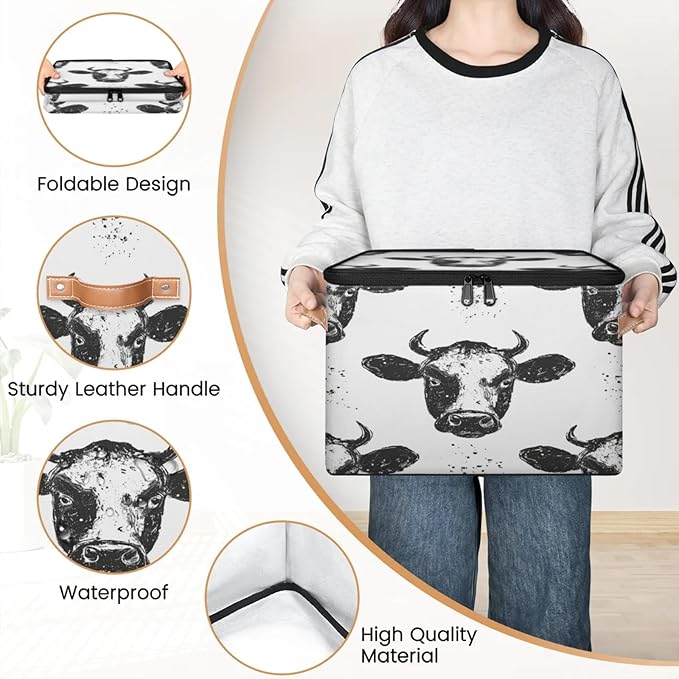 Storage Cubes with Lid Fabric Storage Bins Boxes PU Leather Handles, Farm Cow Closet Organizer Container Foldable Washable Shelf Cloth Basket, Wild Animal Cow