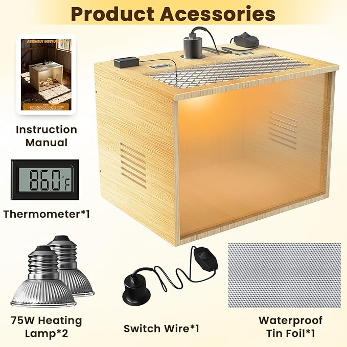 Brooder Box for Chicks, 16 Inch Wooden Chicken Brooder Box with 75W Heat Lamps, Thermometer and Tin Foil, Poultry Breeding Kit, Ideal for 5-7 Newborn Chicks Ducks Quails Hamsters, Small