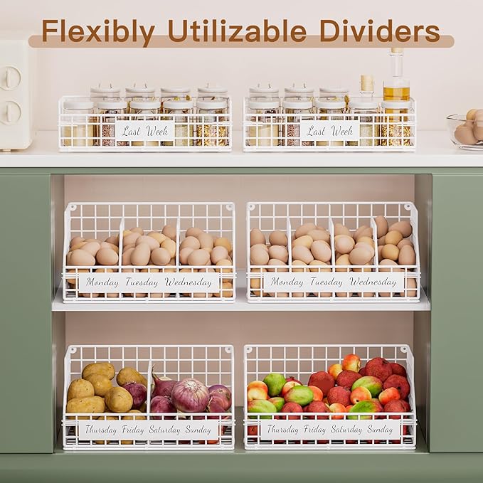 Egg Holder Countertop with 3 Dividers & Labels, 1 Tier Stackable Chicken Egg Baskets for Gathering Fresh Eggs in Small Space, Low Egg Organizer for Storage, Wall-Mounted, White