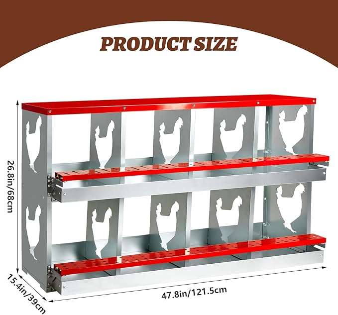 Chicken Nesting Box,Heavy Duty Metal Nest Boxes,8 Hole Roll Away Nesting Boxes,with Large Vented Holes,Wall-Mountable Chicken Coop Nesting Boxes,for Chickens,Ducks,Large Egg Boxes (Red 8 Hole)