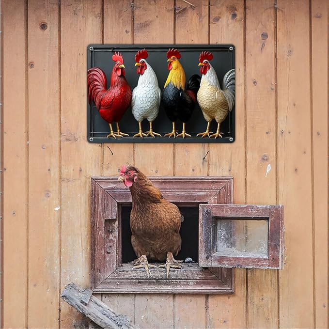 FunnySign Chicken Gifts Rooster Décor Four Rooster Not 3D Rustic Tin Sign for Home Farm Chicken Coop Decor 8x12 Inch (9704)