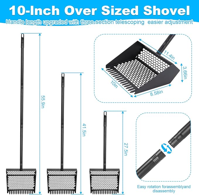 2-in-1 Coop Scoop(24" to 68"), Chicken Poop Scooper with Grip & Rake, Chicken Coop Accessories for Pet Waste Cleaning, Adjustable Stainless Steel Sand Sifting Litter Shovel for Chicken Coop