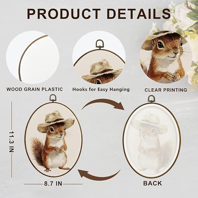 dvhdajed Vintage Squirrel Oval Wall Art Decor,Cottagecore Funny Squirrel Framed Canvas Art,Neutral Nursery Squirrels Oval Wall Hanging Decor for Living Room Bedroom, 8.7x11.3 In