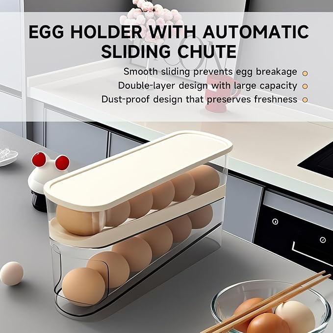 Rolling Egg Holder for Fridge, Egg Dispenser for Refrigerator, Automatic Rolling Storage Container for Countertop, Kitchen & Outdoor Use (3.35"x3.74"x11.02") 2 Pack
