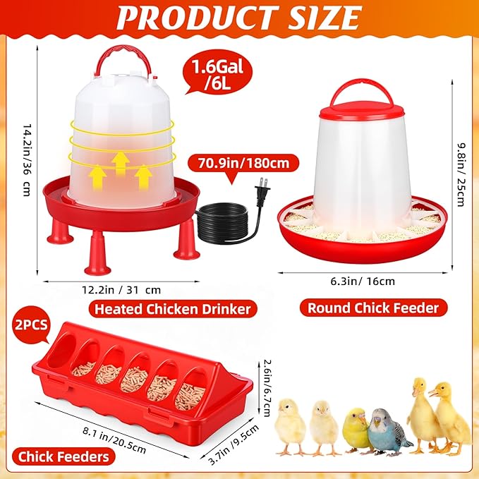4 Pack 6l Heated Chicken Feeder and Waterer Kit Poultry Waterer Fountain with Leg Support for Chicks Coop Feeding Farm Supplies Birds Duck