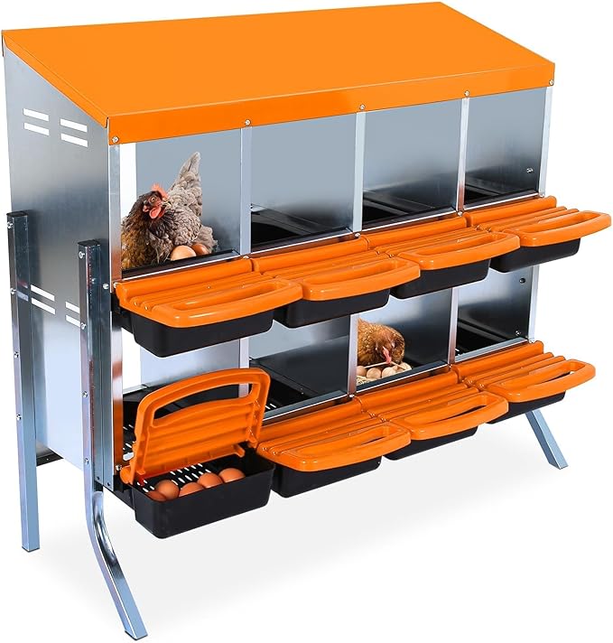 GarveeHome 2-Tier Chicken Nesting Box, 8 Compartment Metal Chicken Laying Boxes with Waterproof Roof ＆ Removable Trays for Hens, Poultry，Easy Egg Collection