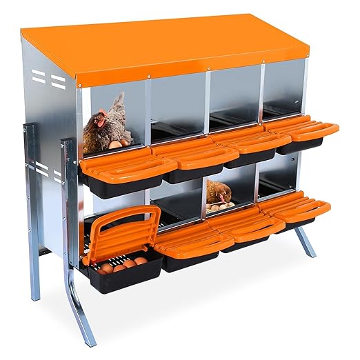 Chicken Nesting Boxes, 8 Hole Metal Chicken Laying Box with with Removable Trays and Roll Out Egg Collection for Chicken Coop, with Metal Bracket, Orange