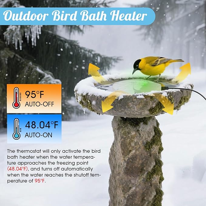 Bird Bath Heater, Upgraded 100W De-Icer Submersible Bird Bath Heaters for Outdoors in Winter, Chicken Water Heater for Winter, Thermostatic Control w/LED Indicator, 5.9 Ft Cord (White-1Pack)