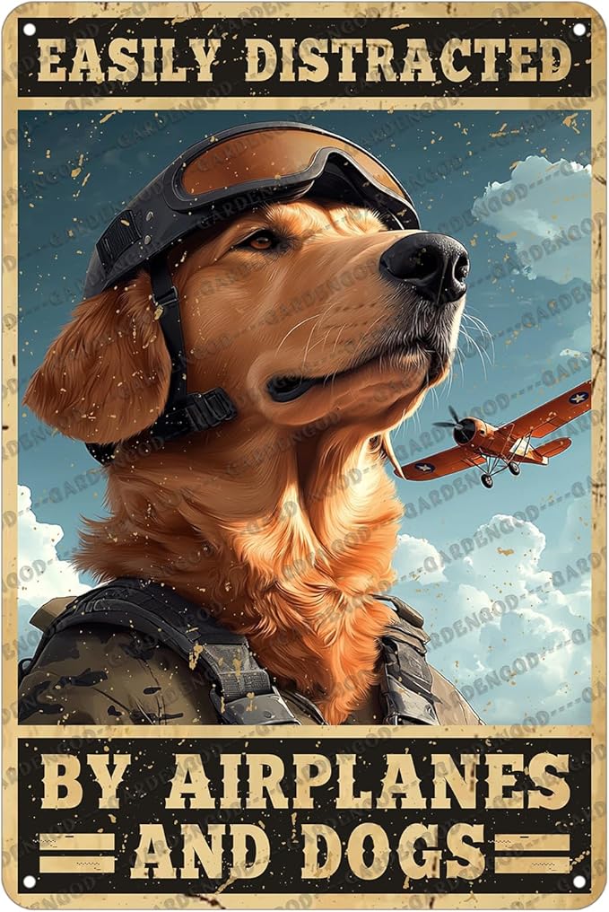 Vintage Pilot Metal Sign Easily Distracted By Airplanes And Dog Metal Poster Home Kitchen Garden Garage Coffee Bathroom Man Cave Aluminium Sign Art Wall Decor Plaque 12x8 Inch