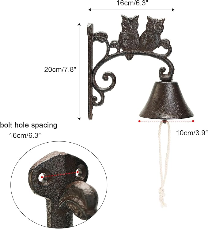 Sungmor Heavy Duty Cast Iron Wall Bell - Decorative Retro Style Lovely Owls Hand Bell - Manually Shaking Wall Hanging Doorbell - Indoor Outdoor Wall Mounted Dinner Bell - Garden Home Wall Decoration