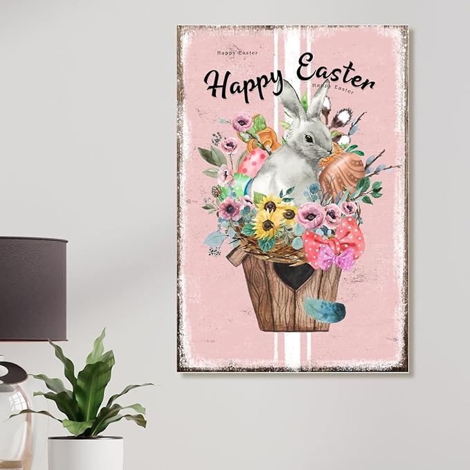 Wood Plaque Art Sign French Style Floral Pink Stripes Sign Happy Easter Flower Basket Bunny Wood Hanging Signs Farmhouse Easter Decor Happy Spring Hanging Sign 12x18in