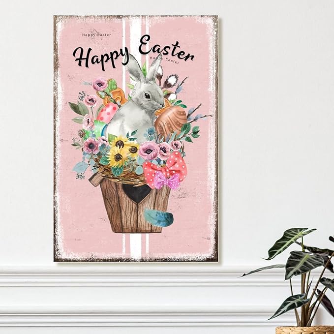Wood Plaque Art Sign French Style Floral Pink Stripes Sign Happy Easter Flower Basket Bunny Wood Hanging Signs Farmhouse Easter Decor Happy Spring Hanging Sign 12x18in