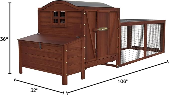 Large Chicken Coop, Wooden Chicken Coop for 3 4 5 Chickens, 106in Outdoor Hen House with Run, Waterproof Roof, Nesting Box, Pull Out Trays and Ramp, Red