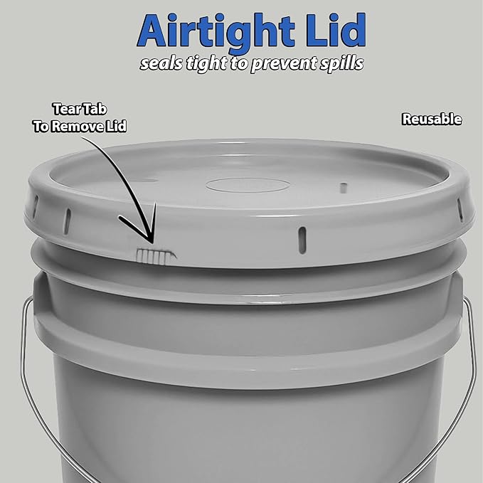5-Gallon Bucket with Airtight Lid – Made in USA, Food Grade BPA Free Plastic, Heavy Duty Multi-Use, Metal Handle with Grip, Stackable Storage – Silver, 3 Pack