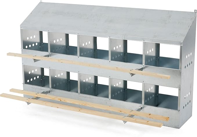 Brower 2-Tier 10-Hole Galvanized Steel Chicken Nesting Box, 50 to 60 Hen Capacity – Outdoor Poultry Laying Station with Hinged Folding Perches, Ventilated Design & Slanted Roof – Made in the USA