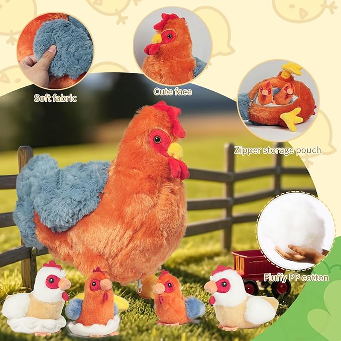 9 in 1 Chicken Stuffed Animal Set Stuffed Chicken Plush Toys for Kids, Egg Laying Hen with Zippered Belly, Eggs, Baby Chicks Plush Chickens and Coop for Kids Girls Boys Birthday Easter Stuffers Gifts