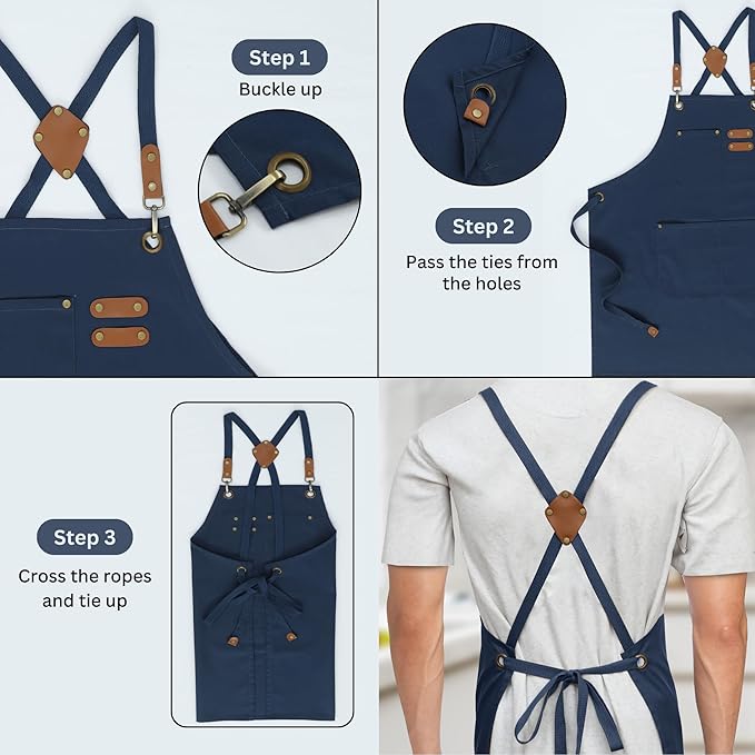 RUVANTI Work Apron for Men, Oil & Water Repellent, Poly Cotton Cross Back Aprons for Women with Pockets, Adjustable up to XXL
