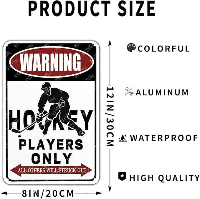 Metal Signs Warning Hockey Players Only All Others Will Struck Out Sign Vintage Aluminum Tin Sign Warning Sign Boys Baseball for Home Bedroom Bar Office Yard Wall Decor 12x8 Inch