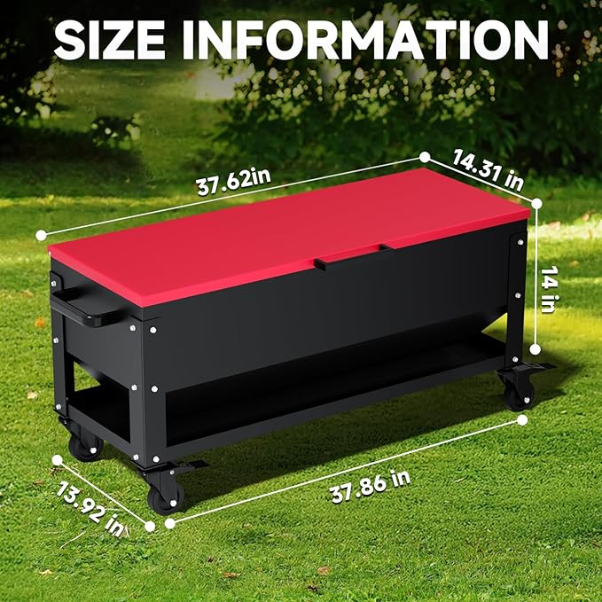 Heavy Duty Chicken Feeder 120 lbs Large Capacity, Metal Automatic Poultry Feeding Box with Waterproof Lid, Raised Standing Feeder with Wheels for Hens & Roosters, Portable & Easy to Move