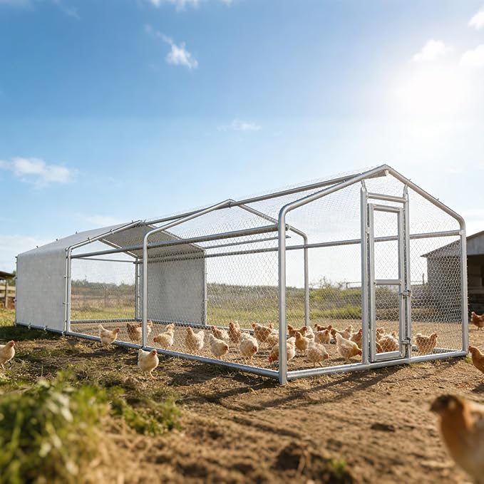 Large Metal Chicken Coop, Chicken Run for 20-30 Chickens, Heavy Duty Walk-in Poultry Cage with Waterproof Anti-UV PE Cover for Ducks Rabbits Geese, 19.5x9.7x6.4ft