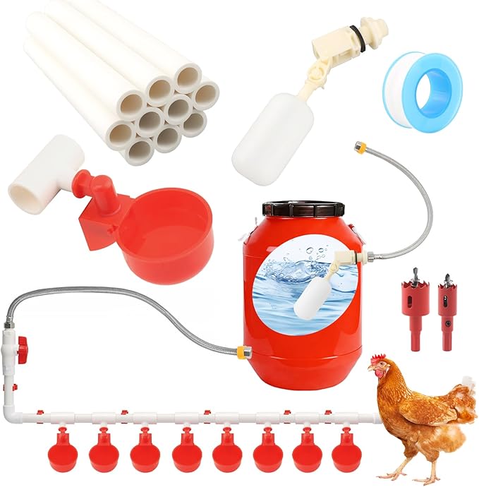 Automatic Chicken Waterer System Complete Set Pipeline Poultry Water Feeder with Water Cups, Float Valve, Garden Hose for DIY (Bucket Not Included)