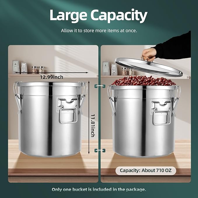 21L/5.55Gal Stainless Steel Airtight Canister Food Storage Canisters with Airtight Lid&Locking Clamp Rice Cereal Grain Canisters Container Bucket for Rice Milk Jug Coffee Bean Cookies Storage