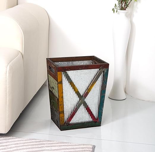 Small Wood Trash Can Wastebasket, Decorative Barn Door Garbage Can Waste Basket, Rustic Distressed Rectangular Trash Bin, Farmhouse Wooden Storage Basket Waste Paper Bin (Random)