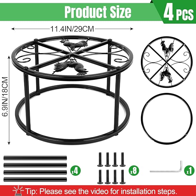 4 PCS Metal Stand for Chicken Feeder Waterer, Heavy Duty Chicken Feeder Stand Holder, Round Support Rack with 4 Rust-Resistant Iron Legs, Buckets Stand for Coop Poultry Indoor Outdoor Use, Black