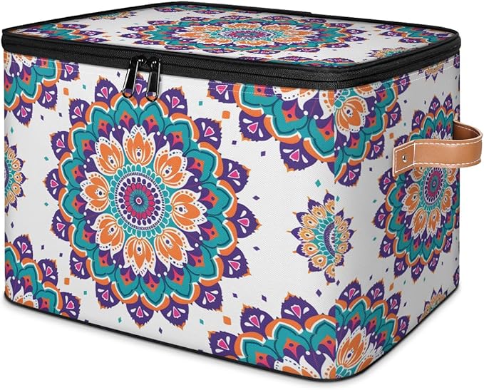 Floral Boho Storage Bins with Zipper Lid Fabric Storage Containers for Clothes Collapsible Closet Storage Basket with Metal Frame 1 Pack