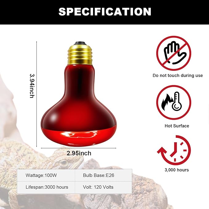 2 Pack Infrared Heat Lamp Bulbs, 100W Reptile Heat Emitter Infrared Basking Spot Light, Red Heat Lamp for Chickens Coop Reptile Pets Brooder Use