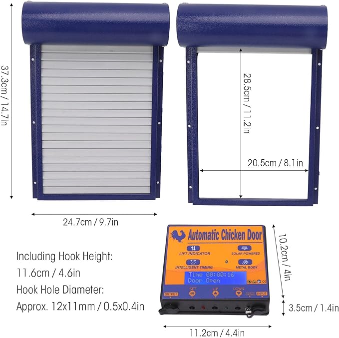 Automatic Solar Powered Chicken Coop Door with Light Sensing and Timer, Metal Iron Auto Chicken House Protection Door for Duck Goose, Remote Control, with LED Clear Dosplay (Blue)