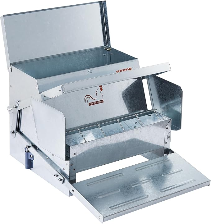 VEVOR Poultry Feeder, 25lbs Capacity, Feed Chicken Feeder with Lid & Lock, Outdoor Coop Food Dispenser, No Waste, Weatherproof Galvanized Metal Feeder for Ducks, Geese