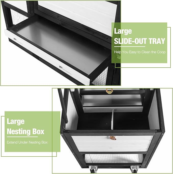 GUTINNEEN Mobile Chicken Coop with Wheels for 2-4 Chickens, Expandable Wooden Hen House with Divided Nesting Box, Reinforced Coop Balcony, Roosting Perch, Metal Pull-Out Tray, 82.4" L (Black ＆ White)