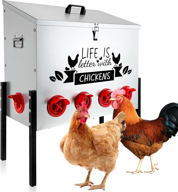 95LB Large Automatic Chicken Feeder Galvanized Metal Chicken Feeders with 10 Feeding Ports No Waste Outdoor Poultry Feeder with Adjustable Height Legs and Locking Lid for Chickens and Ducks