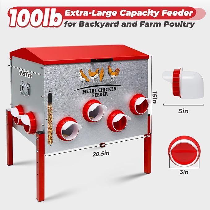 Automatic Chicken Feeder 100LBS Large Capacity, 12 Anti-Waste Ports Metal Poultry Feeder with Height Adjustable Stand, Waterproof Rodent Proof Feed Box with Lid Viewing Window for Hens Ducks Geese