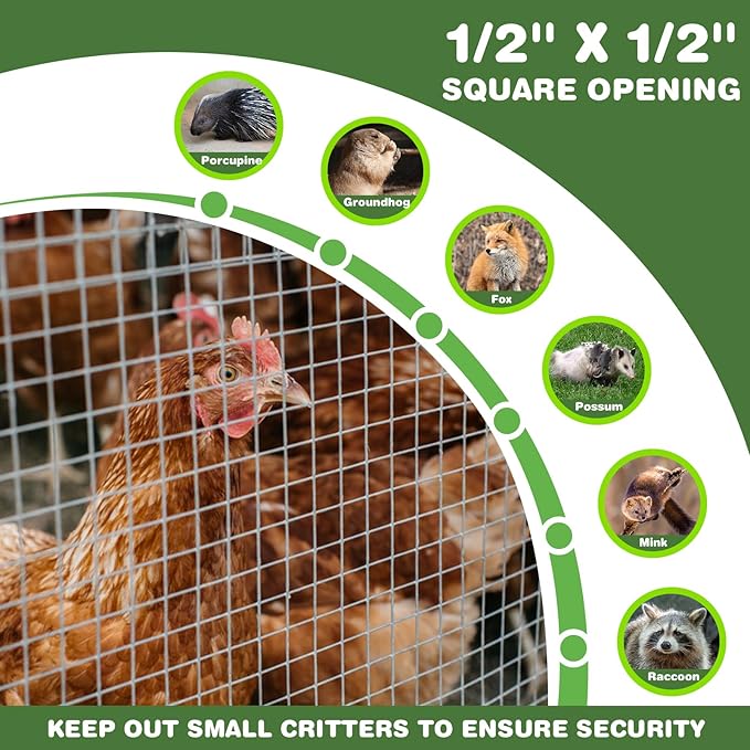 Hardware Cloth 1/2in 8'' x 10' 19GA ，Hot-dip Galvanized After Welding ，Chicken Wire Mesh,Chicken Coop Fence,Screen Mesh,Rabbit/Snake Fence,for Garden Poultry Animal Netting Cage