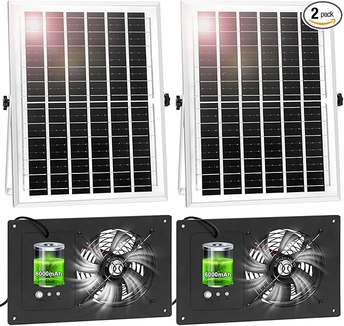 Solar Powered Fan with Battery Run Day/Night, 15W Solar Fan for Chicken Coop with 16.4Ft Cable,3/6H Timer, Waterproof Greenhouse Fans for Shed, Chicken Coop,Ventilation