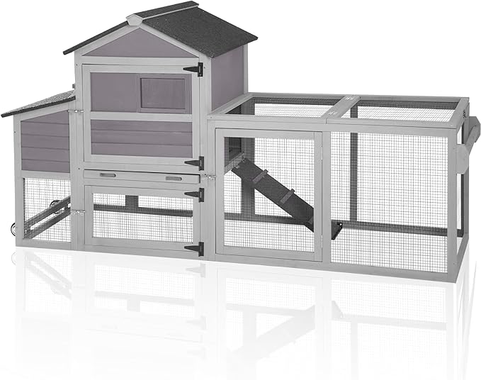 Aivituvin Large Chicken Coop with Wheels, Outdoor Hen House Mobile Poultry Cage with Run, Weatherproof Asphalt Roof, Sectionable Nesting Box, Leakproof Pull-Out Tray for 4-6 Chickens - Grey
