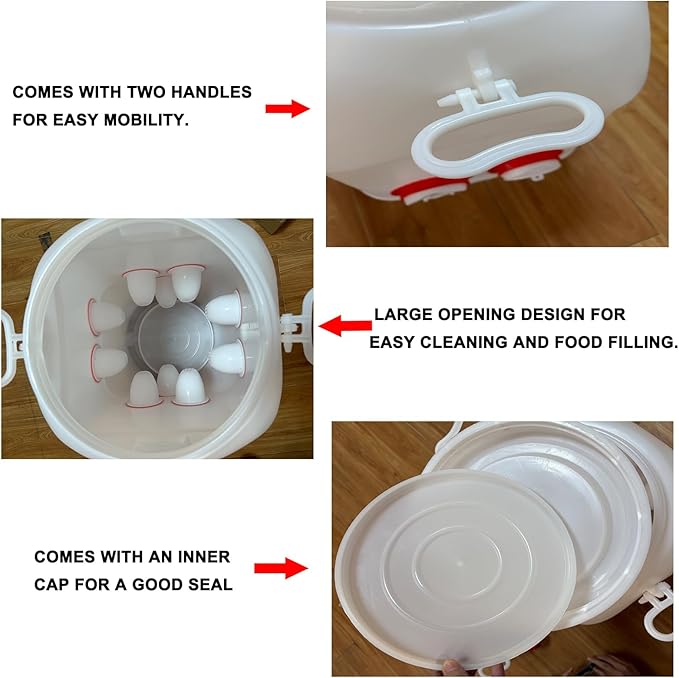 Rainproof Chicken Feeder and Chicken Waterer Set (13 Gallon/60 Pounds) Automatic Chicken Feeder Poultry Feeder Bucket with 10 Ports Chicken Waterer (2.6 Gallon/10L) with 8 Water Cups
